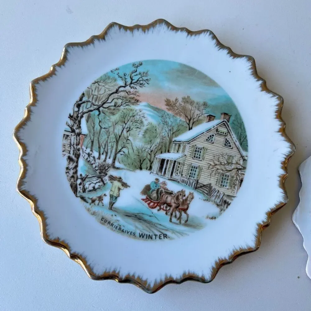 VTG Currier & Ives Autumn & Winter Plates 7.25” Gold Trim Wall Decor Set of 2